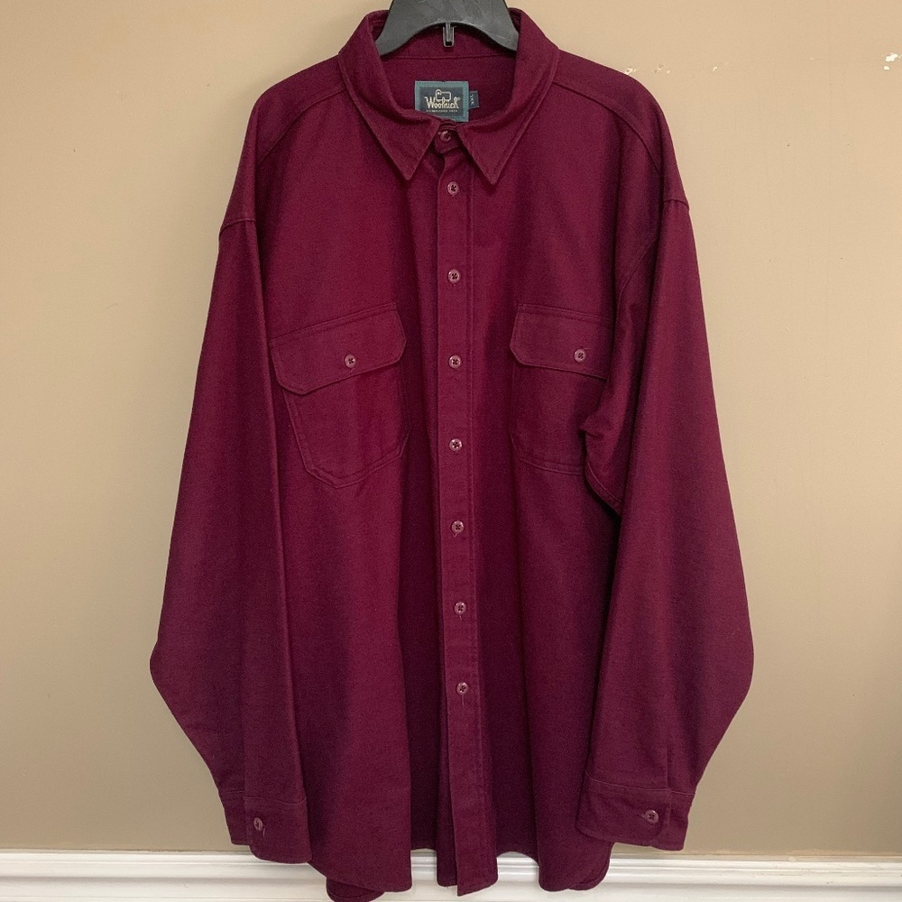 Vintage Woolrich Men's 90s Button-Up 3XL Burgundy Cotton Shirt Jacket USA
